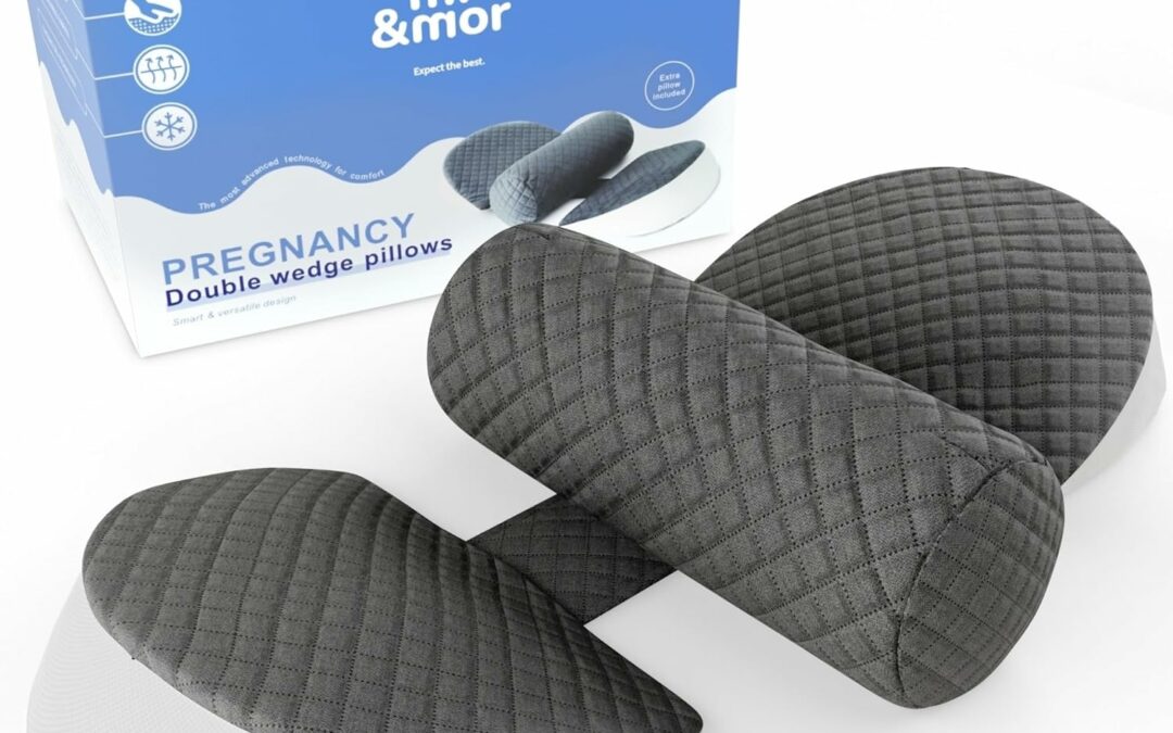 mi&mor Pregnancy Wedge Pillow : Memory Foam Pillow for Side Sleeper – Belly, Knee, Legs and Back Support – Cooling Material & Breathable Cover- Compact and Adjustable Body Pillow – Maternity Gift